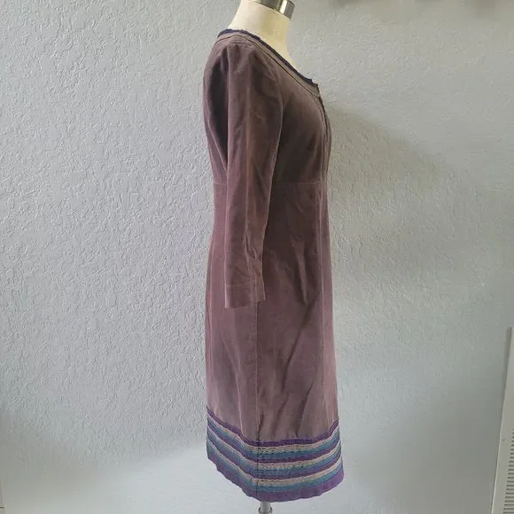BODEN Corduroy Dress 6R Womens 3/4 Sleeve Embroidered Shift Midi Brown - Picture 5 of 11